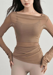 Original Coffee Slash Neck Wrinkled Tulle Yoga Top
