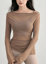 Original Coffee Slash Neck Wrinkled Tulle Yoga Top