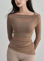 Original Coffee Slash Neck Wrinkled Tulle Yoga Top