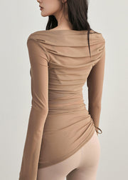 Original Coffee Slash Neck Wrinkled Tulle Yoga Top