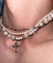 Original Colorblock Metal Zircon Layered Pearl Cross Gratuated Bead Necklace