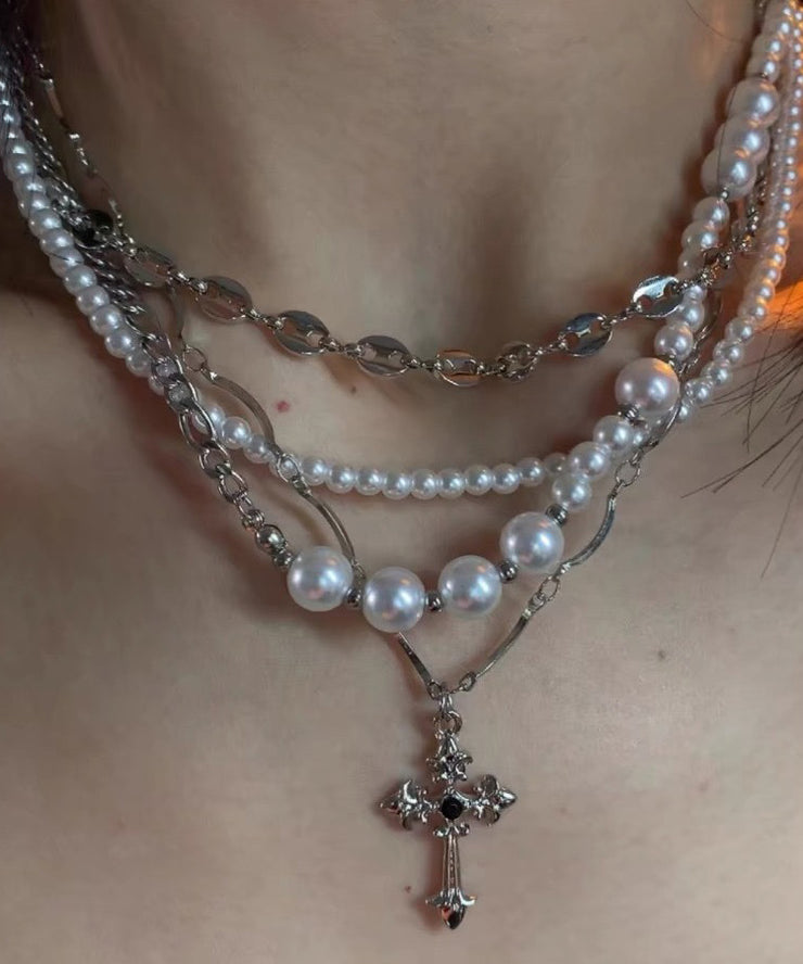 Original Colorblock Metal Zircon Layered Pearl Cross Gratuated Bead Necklace