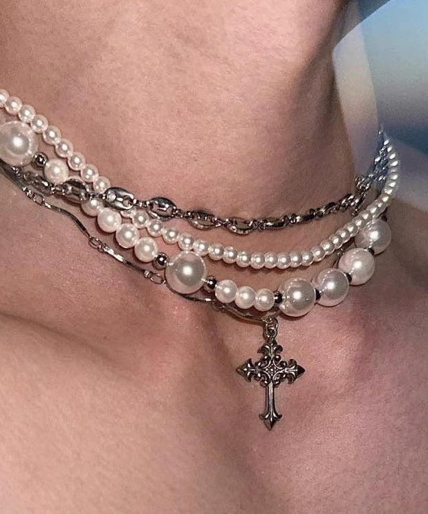 Original Colorblock Metal Zircon Layered Pearl Cross Gratuated Bead Necklace