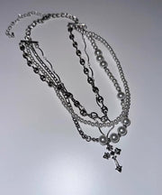 Original Colorblock Metal Zircon Layered Pearl Cross Gratuated Bead Necklace