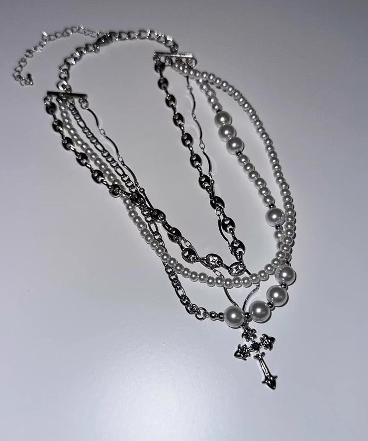 Original Colorblock Metal Zircon Layered Pearl Cross Gratuated Bead Necklace