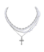 Original Colorblock Metal Zircon Layered Pearl Cross Gratuated Bead Necklace