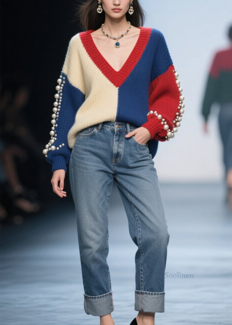 Original Colorblock V Neck Nail Bead Patchwork Knit Pullover Fall