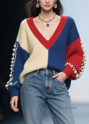 Original Colorblock V Neck Nail Bead Patchwork Knit Pullover Fall