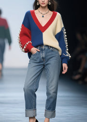 Original Colorblock V Neck Nail Bead Patchwork Knit Pullover Fall