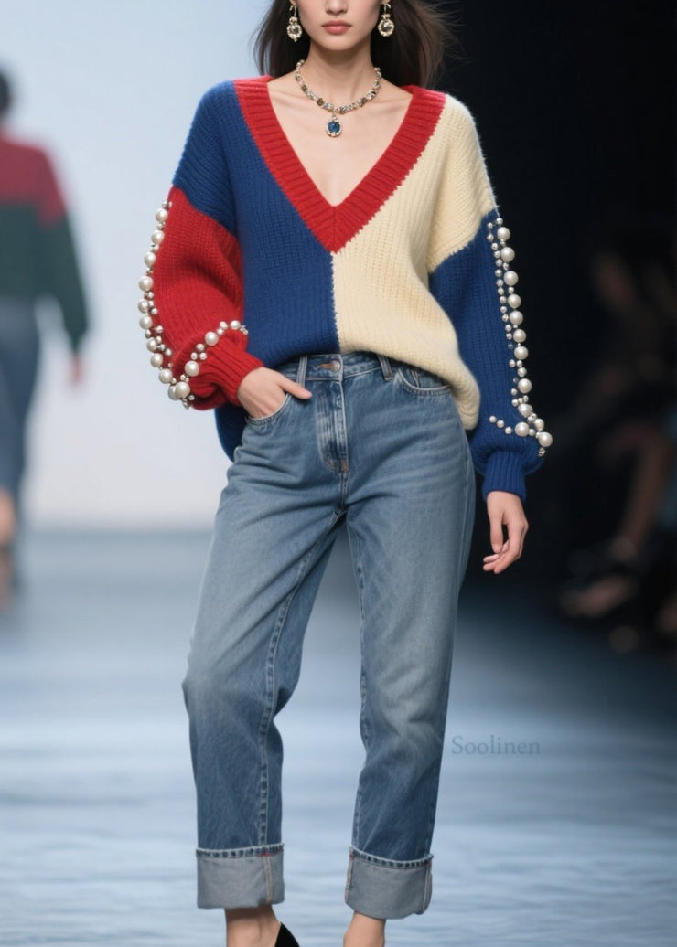 Original Colorblock V Neck Nail Bead Patchwork Knit Pullover Fall