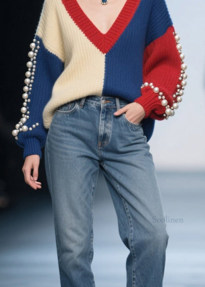 Original Colorblock V Neck Nail Bead Patchwork Knit Pullover Fall