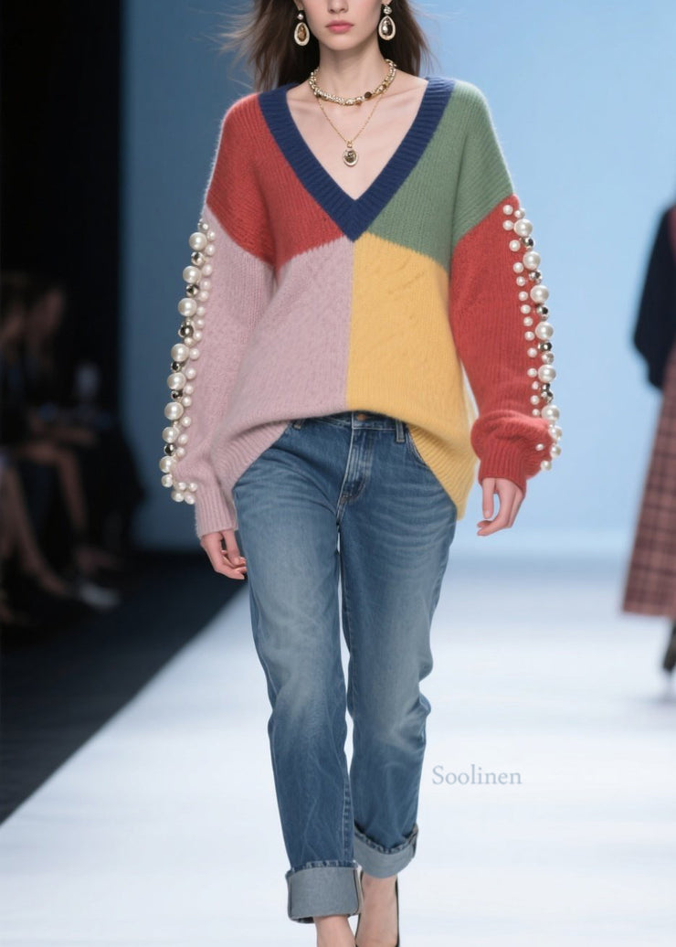 Original Colorblock V Neck Nail Bead Patchwork Knitted Sweaters Fall
