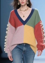 Original Colorblock V Neck Nail Bead Patchwork Knitted Sweaters Fall