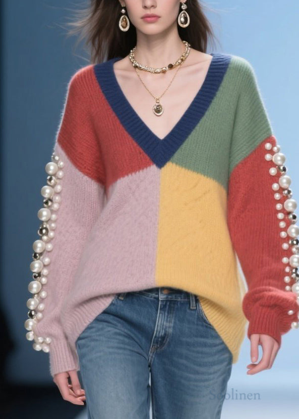 Original Colorblock V Neck Nail Bead Patchwork Knitted Sweaters Fall