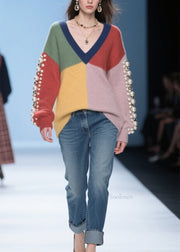 Original Colorblock V Neck Nail Bead Patchwork Knitted Sweaters Fall