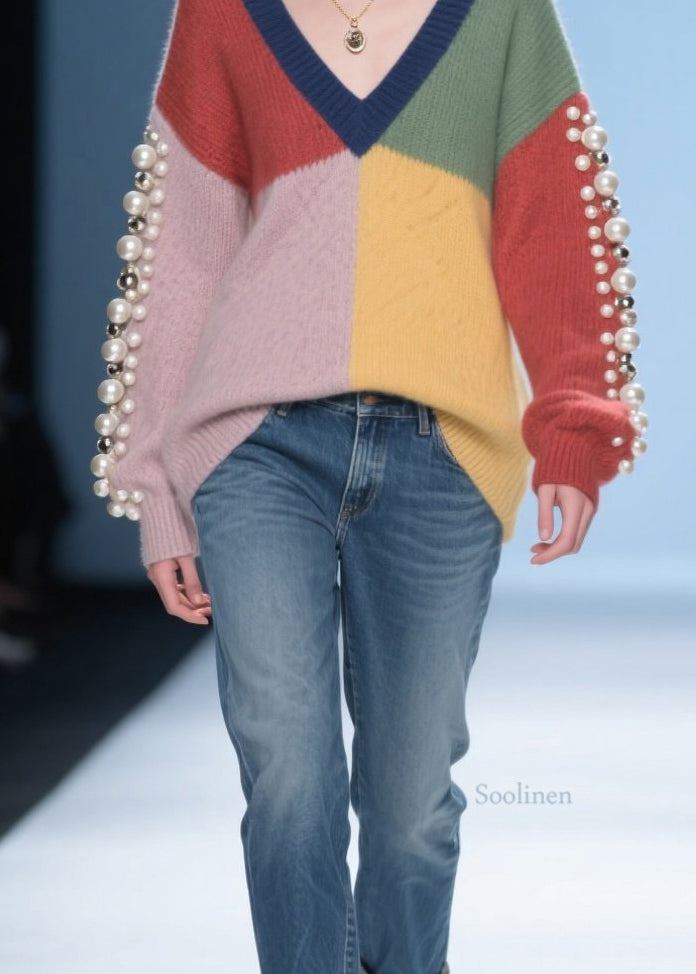 Original Colorblock V Neck Nail Bead Patchwork Knitted Sweaters Fall