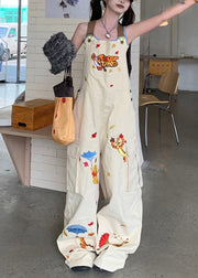 Original Design Apricot Embroidered Denim Overalls Jumpsuit Autumn