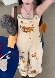 Original Design Apricot Embroidered Denim Overalls Jumpsuit Autumn