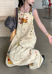 Original Design Apricot Embroidered Denim Overalls Jumpsuit Autumn