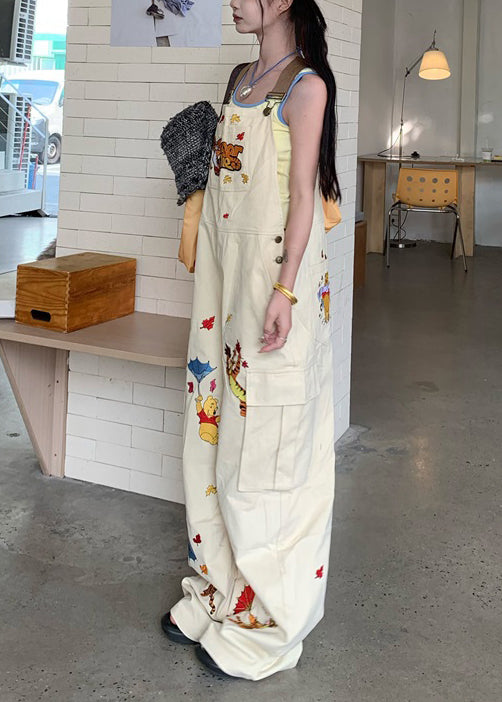 Original Design Apricot Embroidered Denim Overalls Jumpsuit Autumn