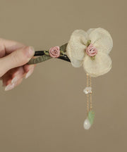 Original Design Apricot Fabric Tulle Pearl Floral Tassel Hairpin
