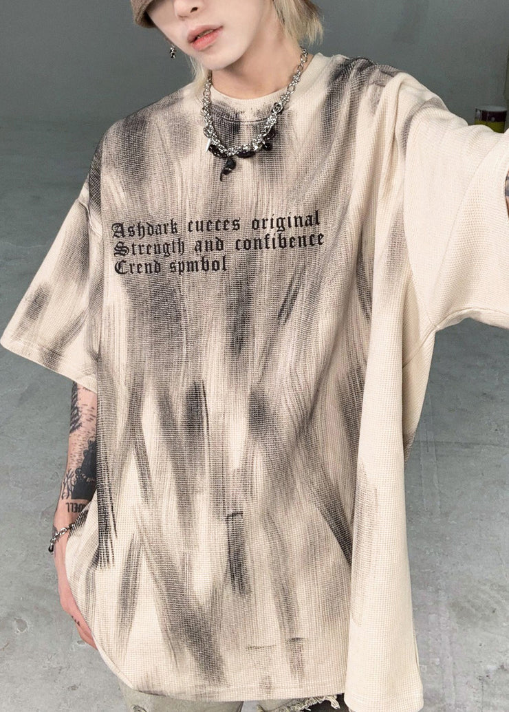 Original Design Apricot Tie Dye Letter Cotton Mens T Shirts Half Sleeve