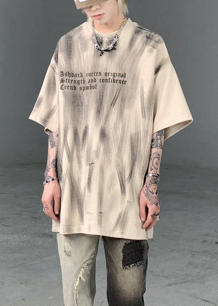 Original Design Apricot Tie Dye Letter Cotton Mens T Shirts Half Sleeve