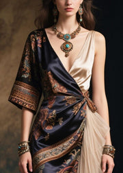 Original Design Asymmetrical Patchwork Silk Long Dresses Summer