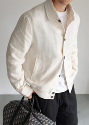 Original Design Beige Button Pockets Linen Mens Coats