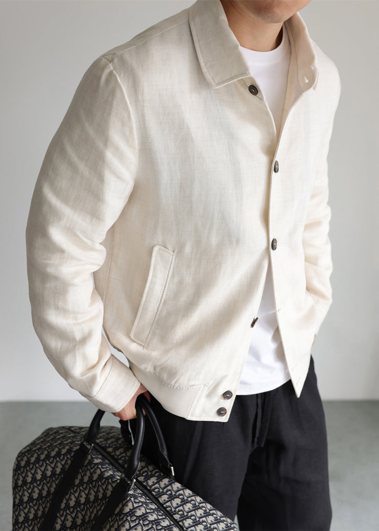 Original Design Beige Button Pockets Linen Mens Coats
