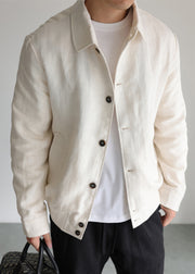 Original Design Beige Button Pockets Linen Mens Coats
