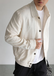 Original Design Beige Button Pockets Linen Mens Coats