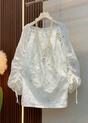 Original Design Beige Embroidered Nail Bead Cotton Top Fall