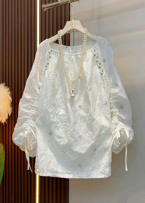 Original Design Beige Embroidered Nail Bead Cotton Top Fall