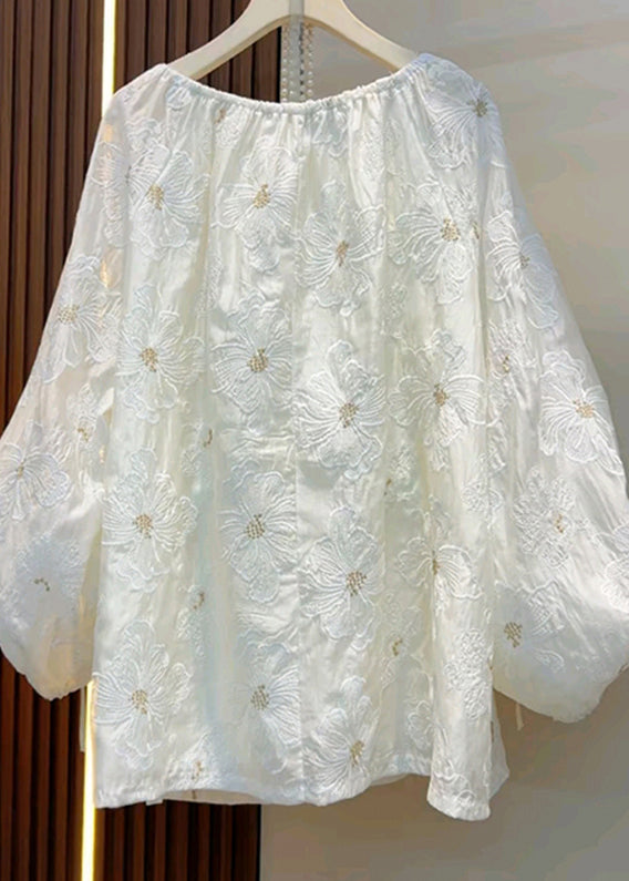 Original Design Beige Embroidered Nail Bead Cotton Top Fall