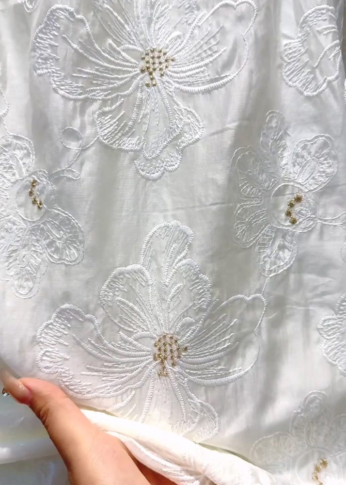 Original Design Beige Embroidered Nail Bead Cotton Top Fall