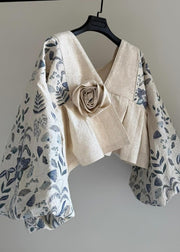 Original Design Beige V Neck Floral Patchwork Cotton Coats Lantern Sleeve