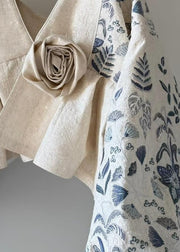 Original Design Beige V Neck Floral Patchwork Cotton Coats Lantern Sleeve