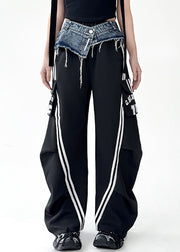 Original Design Black Denim Patchwork Cotton Wide Leg Pants Fall