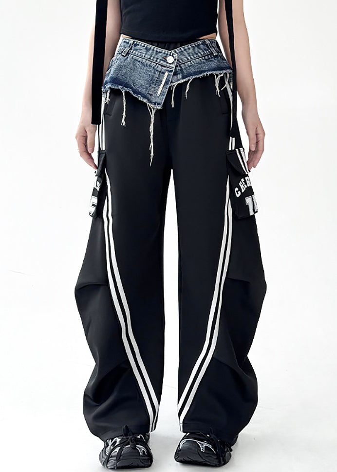 Original Design Black Denim Patchwork Cotton Wide Leg Pants Fall