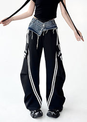 Original Design Black Denim Patchwork Cotton Wide Leg Pants Fall