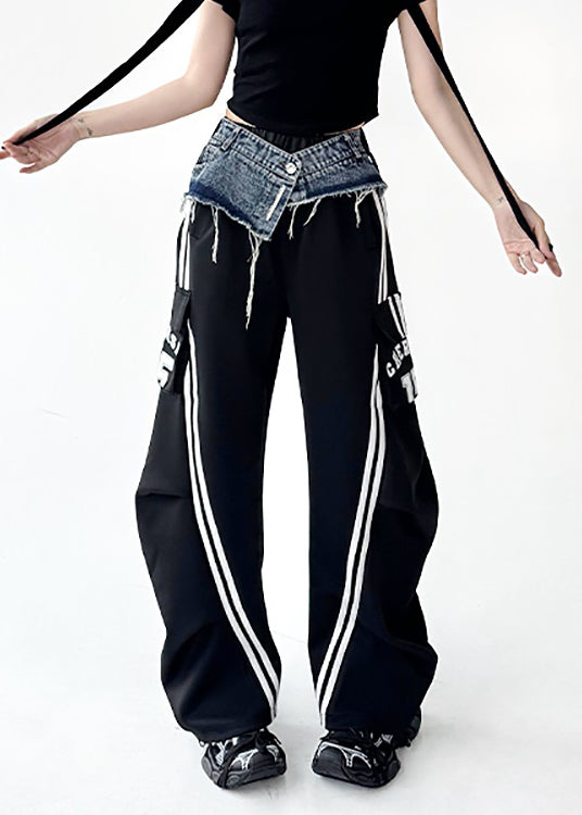 Original Design Black Denim Patchwork Cotton Wide Leg Pants Fall