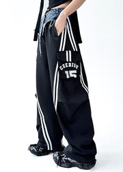 Original Design Black Denim Patchwork Cotton Wide Leg Pants Fall