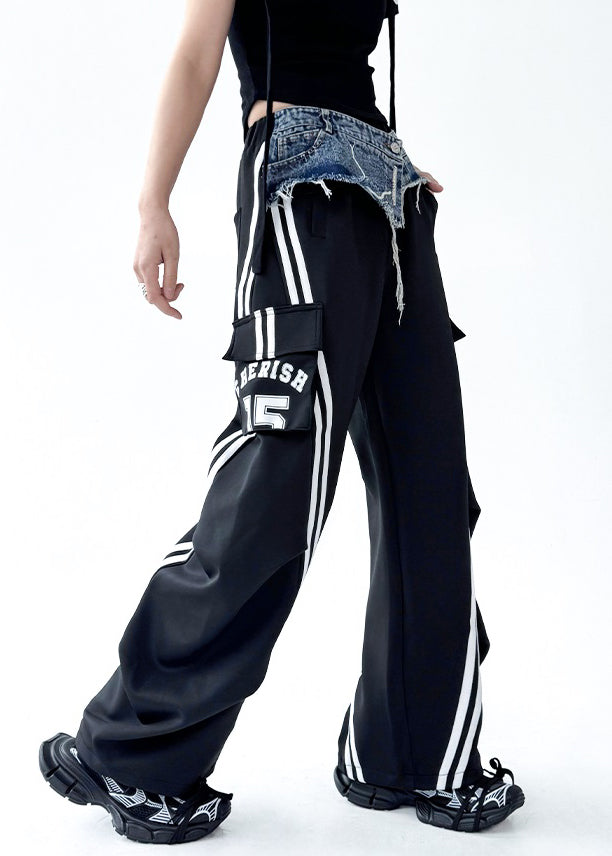 Original Design Black Denim Patchwork Cotton Wide Leg Pants Fall