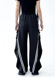 Original Design Black Denim Patchwork Cotton Wide Leg Pants Fall