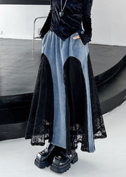 Original Design Black Drawstring Pockets Lace Patchwork Denim Skirts Fall