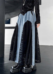 Original Design Black Drawstring Pockets Lace Patchwork Denim Skirts Fall