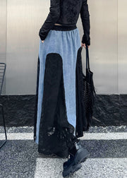 Original Design Black Drawstring Pockets Lace Patchwork Denim Skirts Fall