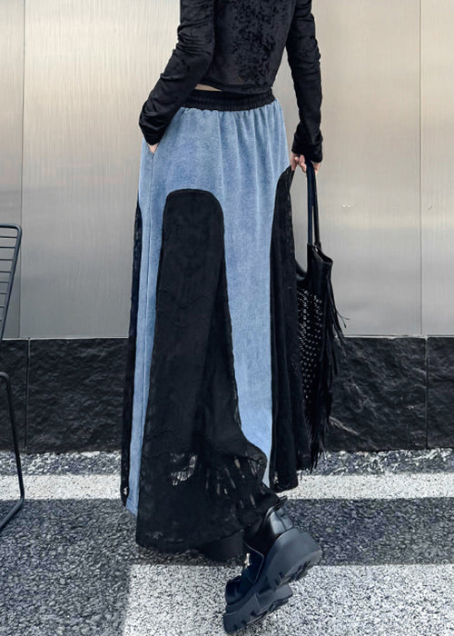 Original Design Black Drawstring Pockets Lace Patchwork Denim Skirts Fall