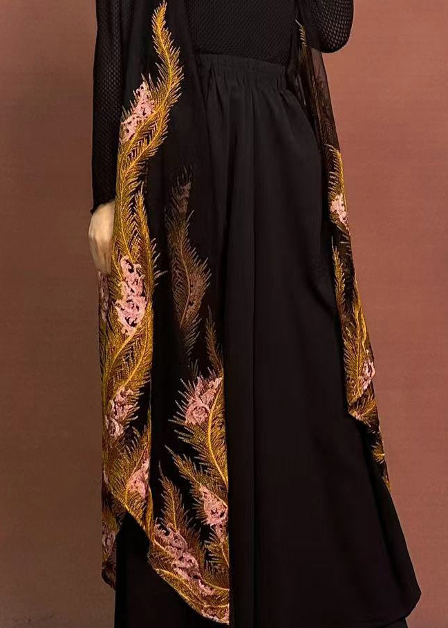 Original Design Black Embroidered Floral Wide Leg Pants Spring